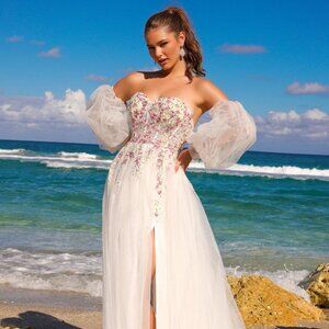 NEW FORMAL STRAPLESS A-LINE GOWN WITH REMOVABLE SLEEVES & FLORAL LACE AC SU070
